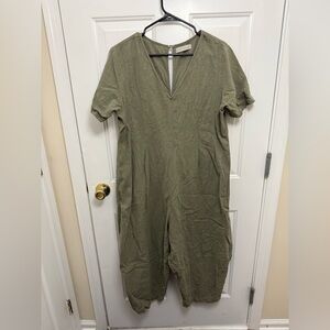 Monica Cordera Olive Green Linen Short Sleeve Jumpsuit One Size
